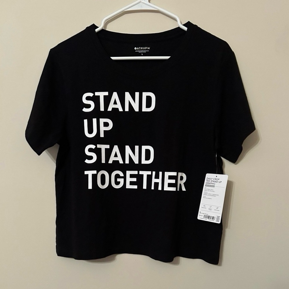 Athleta Black Graphic Crop Tee with White Text Size Large NWT